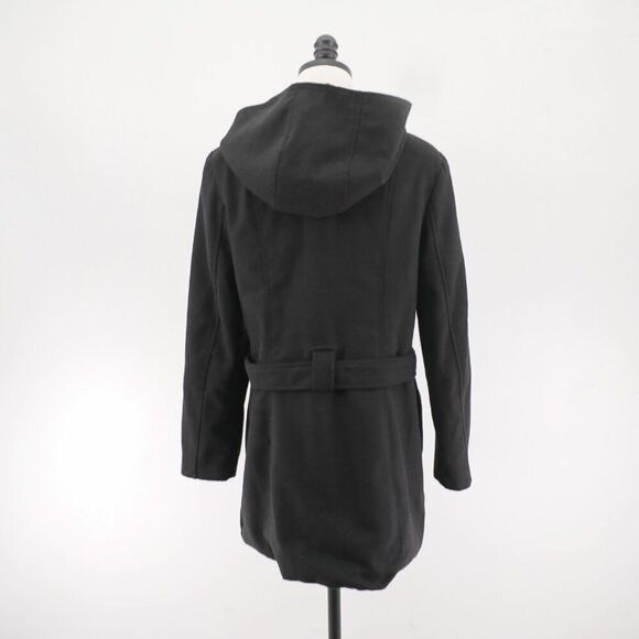 Metaphor Medium Black Double Breasted Belted‎ Hooded Polyester Blend Overcoat - Picture 6 of 11